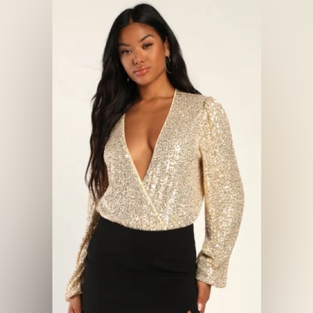 Lulu's Gold Sequin Deep V Wrap Bodysuit